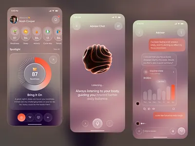 AI Wellness Advisor App — Mental Health & Readiness Dashboard UI ai ai app ai mood app data visualization design glassmorphism habit tracker health app health dashboard mental health ring saas smart ring startup tracking app ui web wellness wellness app