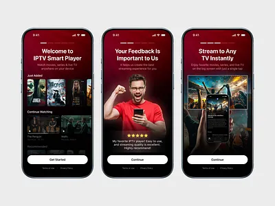 IPTV App Onboarding app feedback interface iptv media mobile mockup movies onboarding pagination paywall player steps streaming subscription tv ui ux video welcome