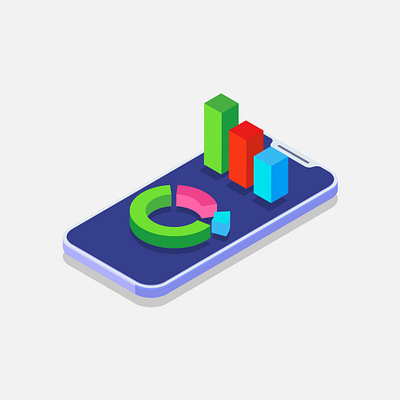 Bar chart and pie chart on mobile phone screen 3d isometric 3d analysis analytics bar graph business chart graph infographic isometric phone pie chart smartphone ui vector