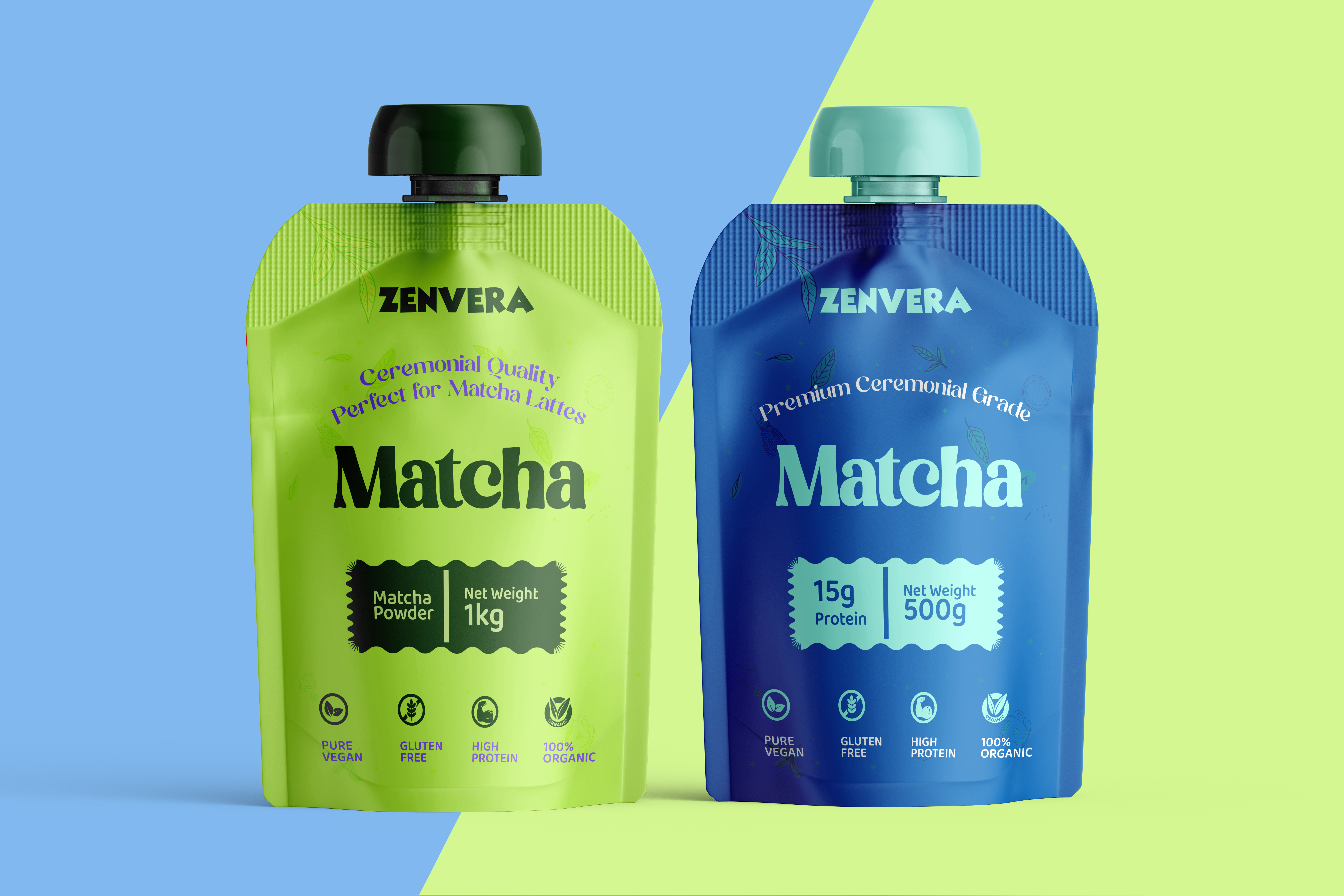Zenvera Matcha pouch packaging brand identity design food label label packaging latte matcha package design packaging packaging design pouch print product packaging super food supplement tea typography