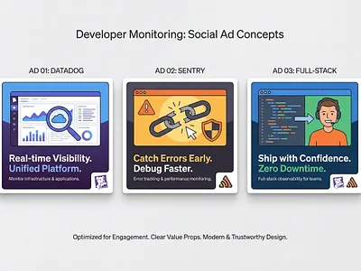 Developer Monitoring, Social Ad Concepts for SaaS Brands. ad creative b2b design developer tools digital marketing design product marketing saas design social media ads startup design tech branding ui design