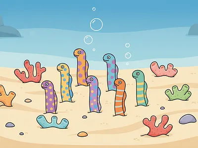 Cute Garden Eels Underwater Illustration adventure cartoon environment illustration kids landscape illustration nature ocean travel underwater web