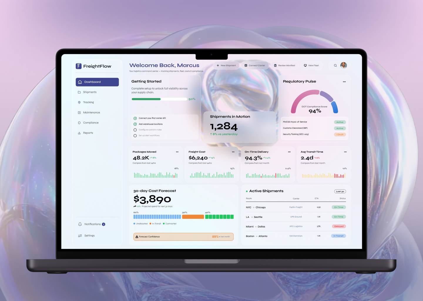 FreightFlow — Modern Logistics Dashboard UI admindashboard analyticsdashboard bentogrid dashboarddesign dashboardui datavisualization glassmorphism logisticsdashboard logisticsui saasdesign supplychain ui uidesign