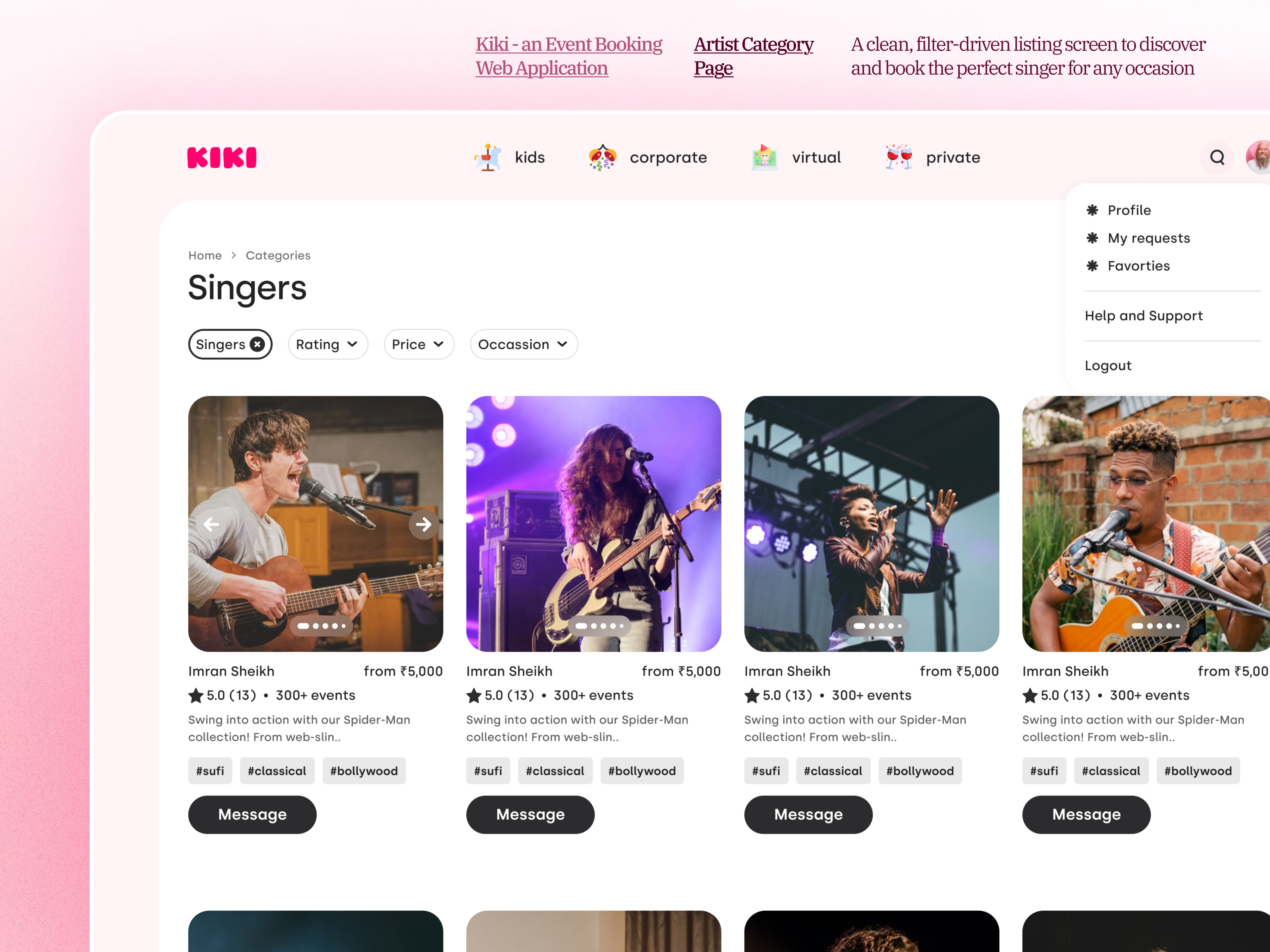 KIKI – Event Booking Web Application | Artist Category Page app booking branding card cardui carousal category cool ui dashboard dropdown event filter listing mobile app thumbnail ui uidesign uiux web application website