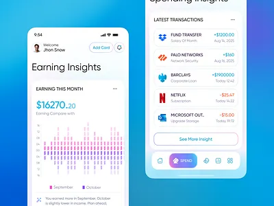 Sequro Finance App Earnings & Spending Insights App UI UX Design app ui inspiration budgeting app design dashboard ui expense tracker ui finance app finance dashboard ui financial analytics ui fintech app design fintech dashboard fintech mobile app fintech ui mobile app design mobile ui ux modern mobile ui money management app panze panzestudio personal finance ui product design ui ux design