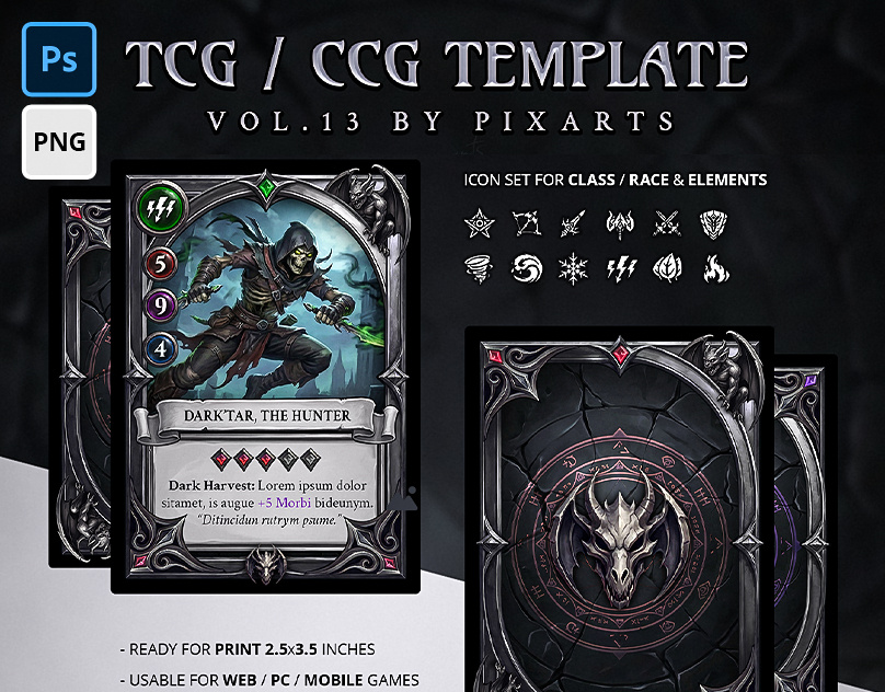 Trading Card Game (TCG/CCG) Template – Dark Gothic Vol.13 card back design card border design card game interface demon card back dragon tcg assets fantasy card template game card template gothic ui necromancer theme photoshop card template print ready playing cards rpg card png tabletop game ui trading card game template unity card assets