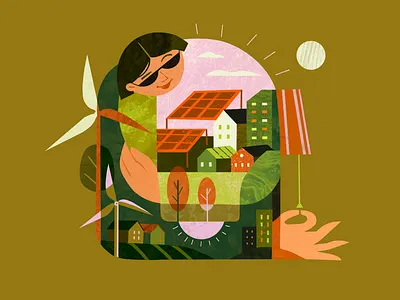 Green Technology & Clean Electricity Illustration for Website abstract awareness climate action ecology editorial electricity energy sources environment future energy graphic design green hydropower illustration nature power protection solar energy sustainability website wind power