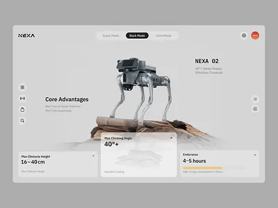NEXA 02 All-Terrain Robot UI – Rock Mode Dashboard 3dvisualization airobotics darkui dashboard futuristicui industrialdesign quadrupedrobot robotcontrol robotdashboard robotdog robotics robotui sci fi terrainmode