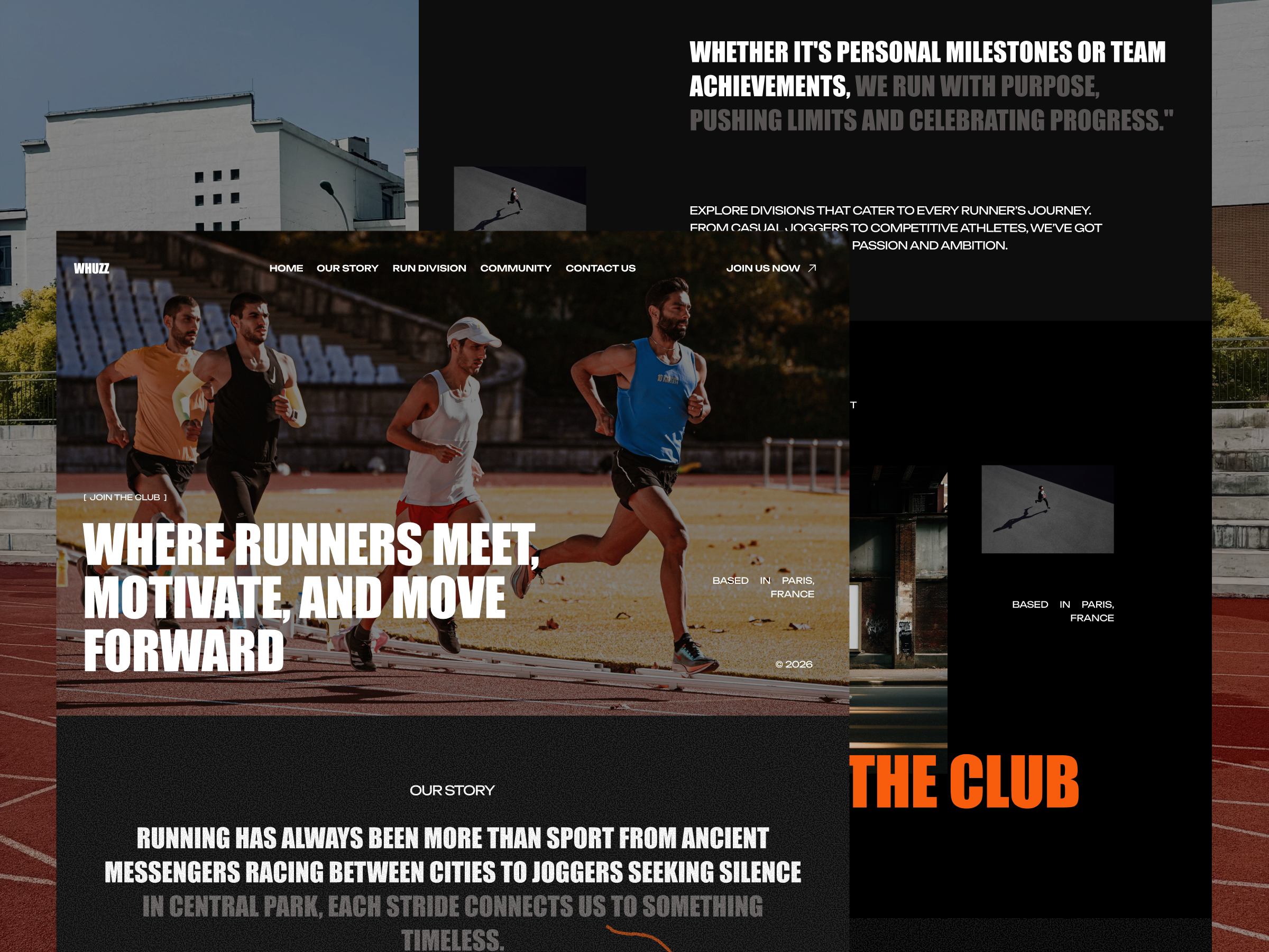 Whuzz - Running Club Community Website bold club community editorial landingpage marathon running runningclub runningwebsite ui ultra ux uxdesign webdesign website