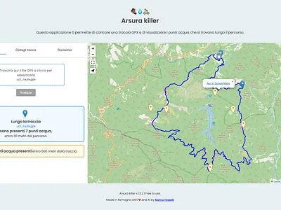 Arsura Killer — GPX Water Sources Analyzer ai assisted design ai product design data visualization javascript map ui outdoor app product design ux design web app