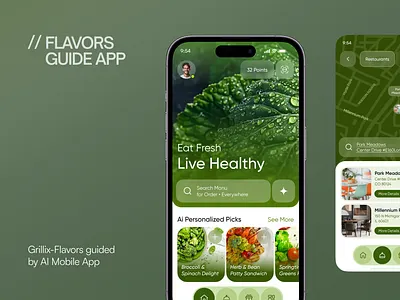 Grillix — AI-Powered Healthy Food Ordering Mobile App Design ai food app ai powered app app design app ui inspiration food app food delivery app ui food mobile app food ordering app food tech app healthy food app mobile app design mobile ui design modern mobile ui panze panzestudio product design restaurant app restaurant app ui restaurant ordering app ui ux design