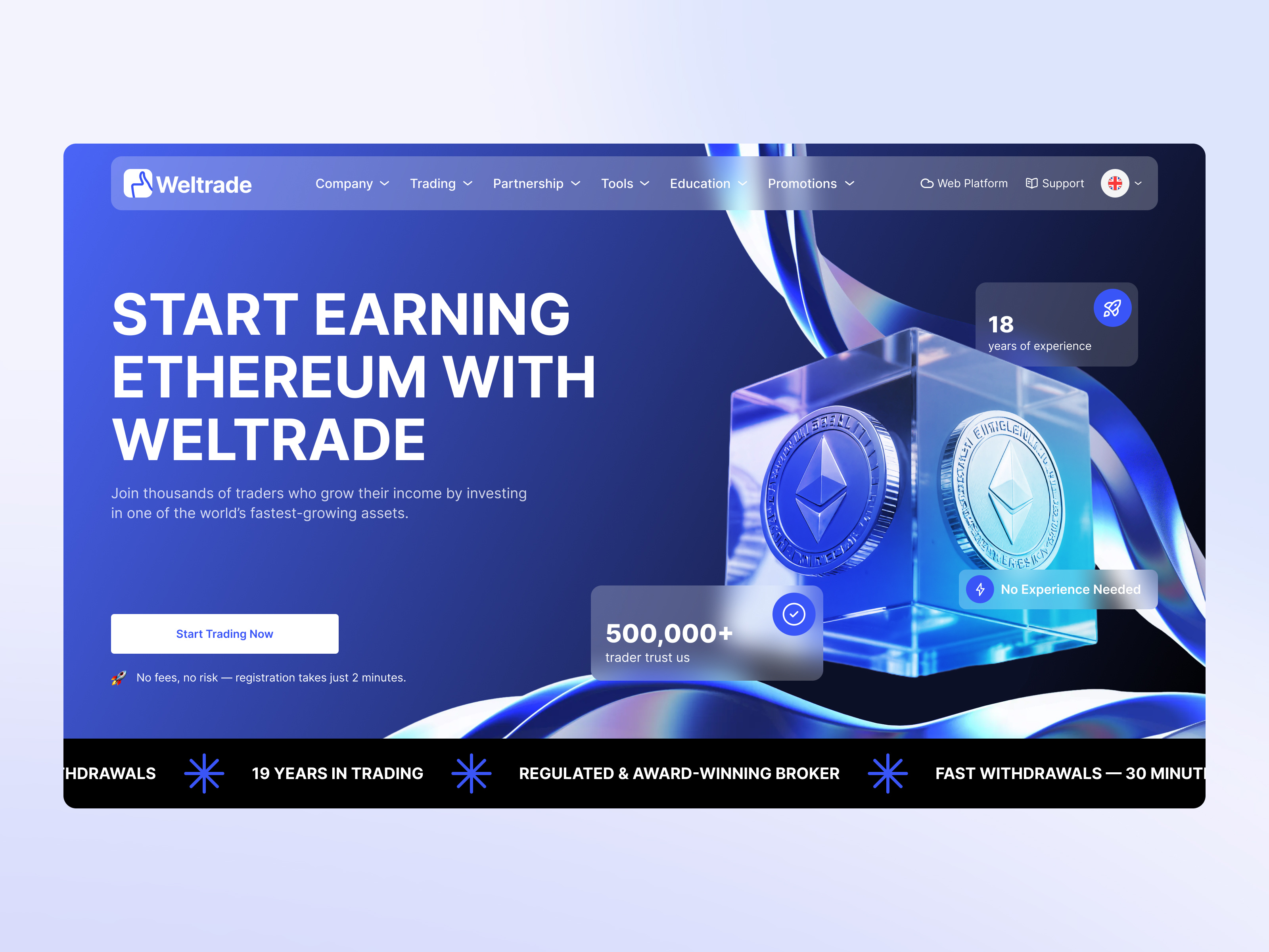 Trading Landing Page Design ✸ Fintech broker website conversion design crypto crypto trading digital product ethereum financial services fintech hero section landing page design minimal design responsive design saas trading platform ui design ux design web design web3