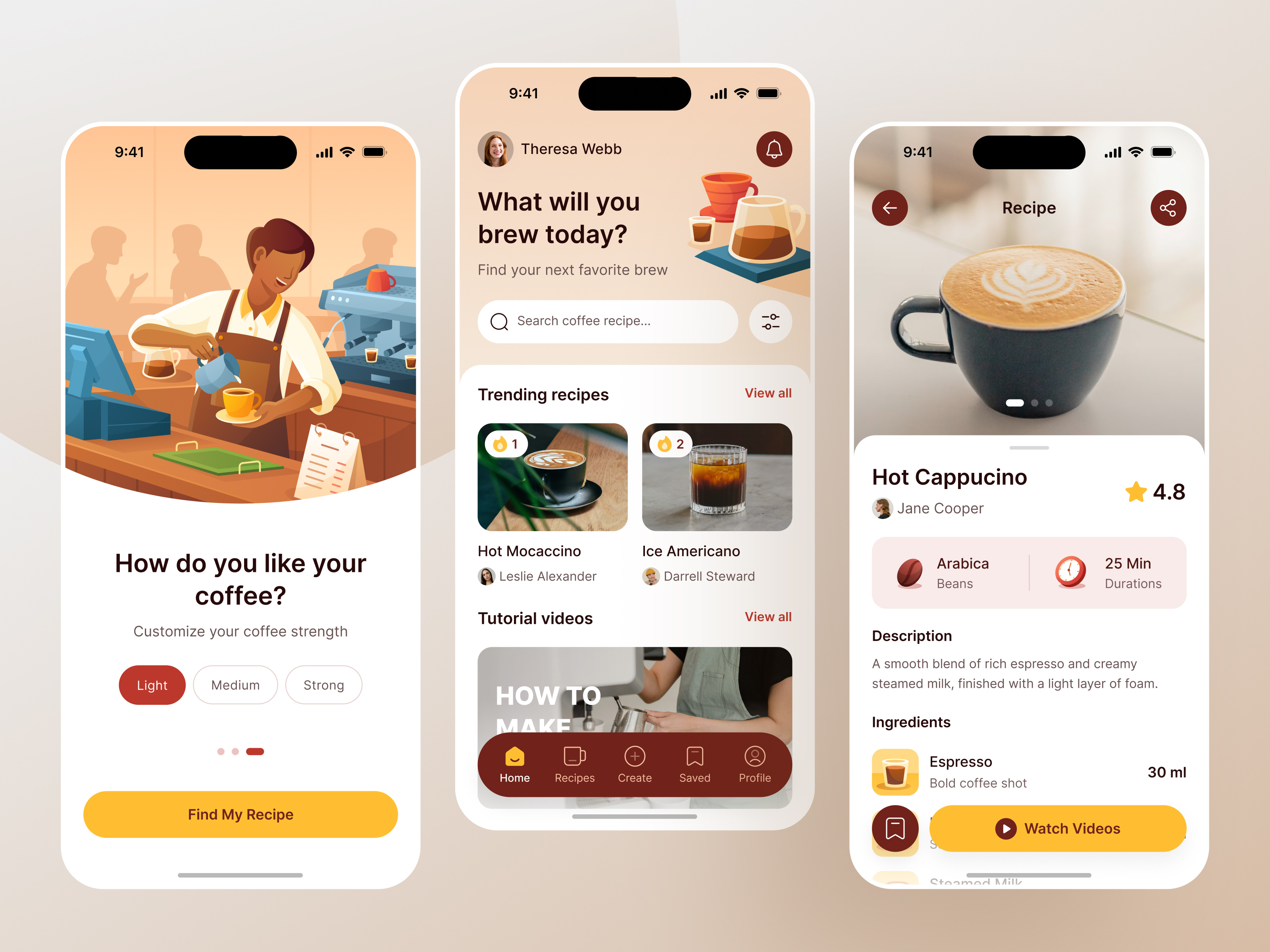Brewly - Coffee Recipe App ☕️ app app design brew brew app clean coffee coffee app coffee guide coffee recipe concept illustration light mode minimal mobile app modern product design ui ui design user interface warm