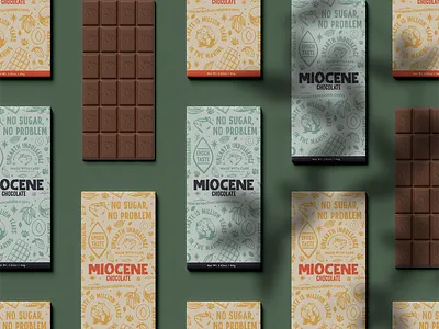 Miocene Chocolate allulose armadillo brand branding chocolate cpg dinosaur footprint fossil fruit glyptodont illustration leaf logo organic packaging pattern star sugar sweets