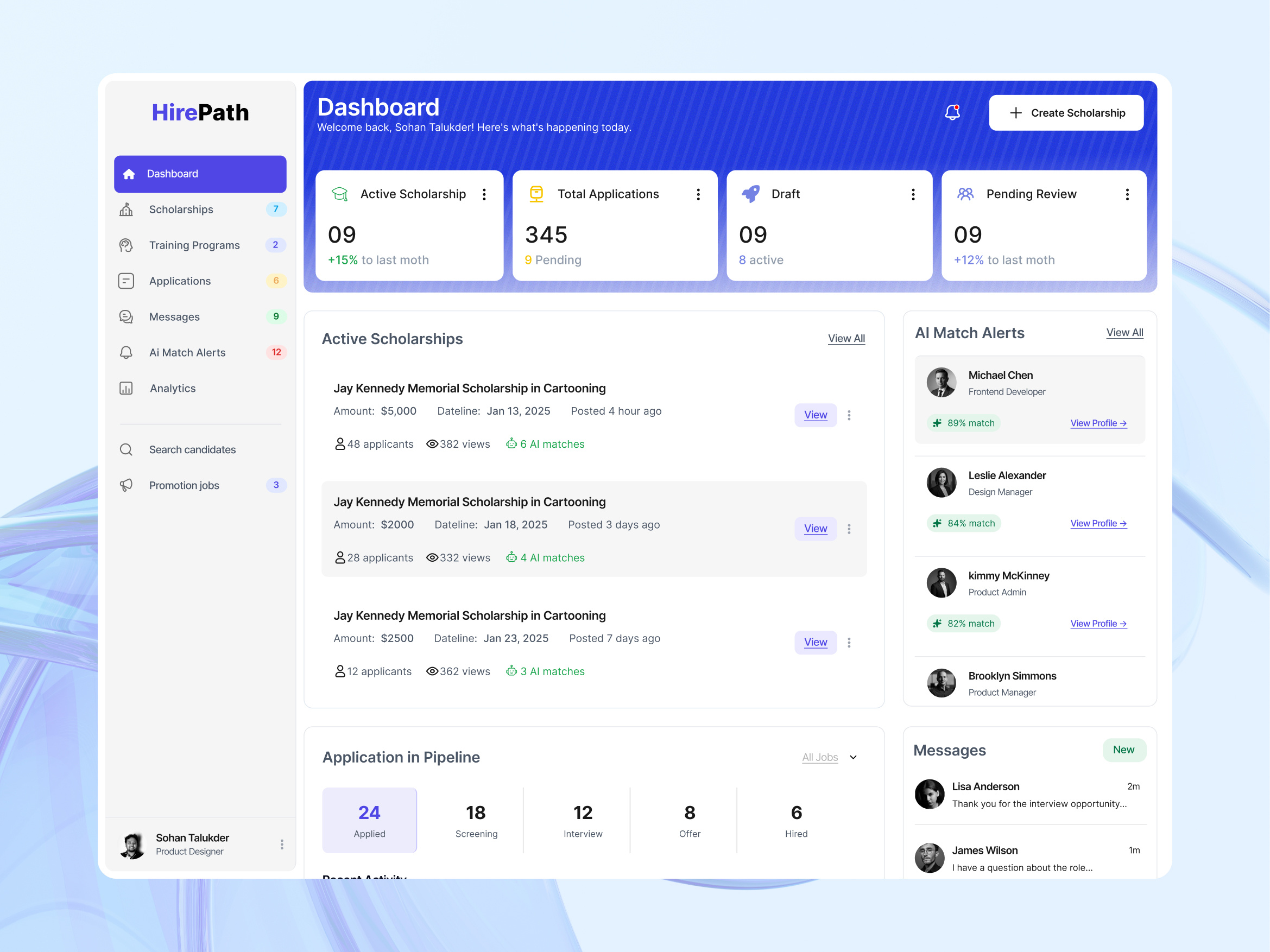 Applicant Tracking Software - Dashboard UI Design analytics applicant tracking application candidate dashboard hiring platform interface job application job board job listing job seeker management dashboard product design scholarship service software startup ui ux web