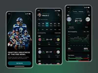 Pro Bowl Game Mobile App Design american football app design dark ui football app live match live score mobile app mobile ui score tracking sports analytics sports app sports dashboard sports ui ui design ux design