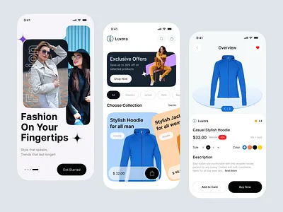 Luxora – Fashion E-commerce Mobile App UI Design app design app interface application clean ui ecommerce app ecommerce ui fashion app fashion store fashion store app fashion ui mobile app design mobile ui modern app modern ui product page ui shopping app trendy app ui design ui ux design virtual stylist
