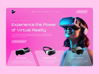 Virtual Reality Experience – Web UI Concept 3d visuals creative ui digital experience dribbble design futuristic ui gradient aesthetic immersive experience interface design modern web design next gen interface product landing page startup website tech branding tech website ui design ux design virtual reality vr design vr landing page web ui design