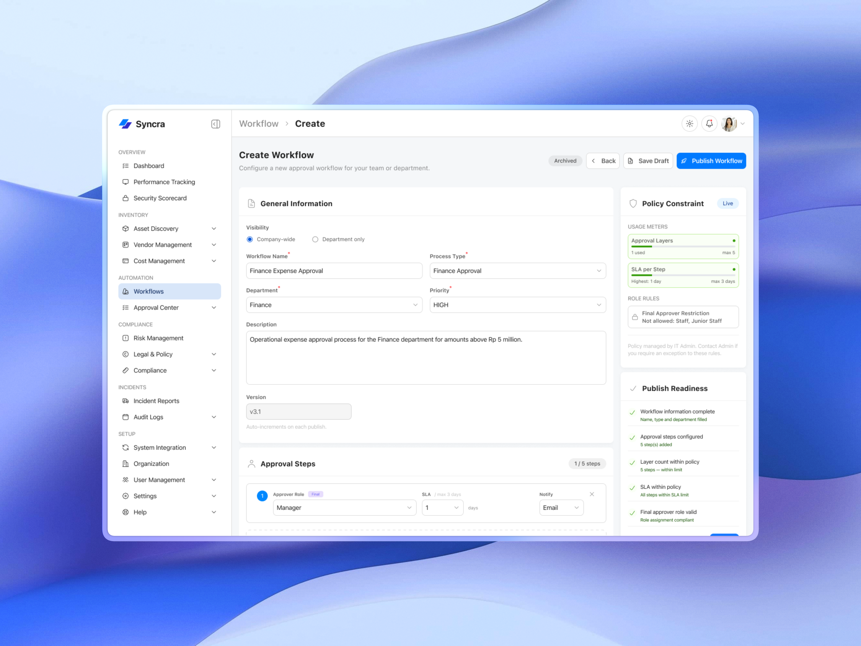 Governance SaaS - Workflow Management analytics blue business clean corporate dashboard design light management minimalist mode saas ui ux website