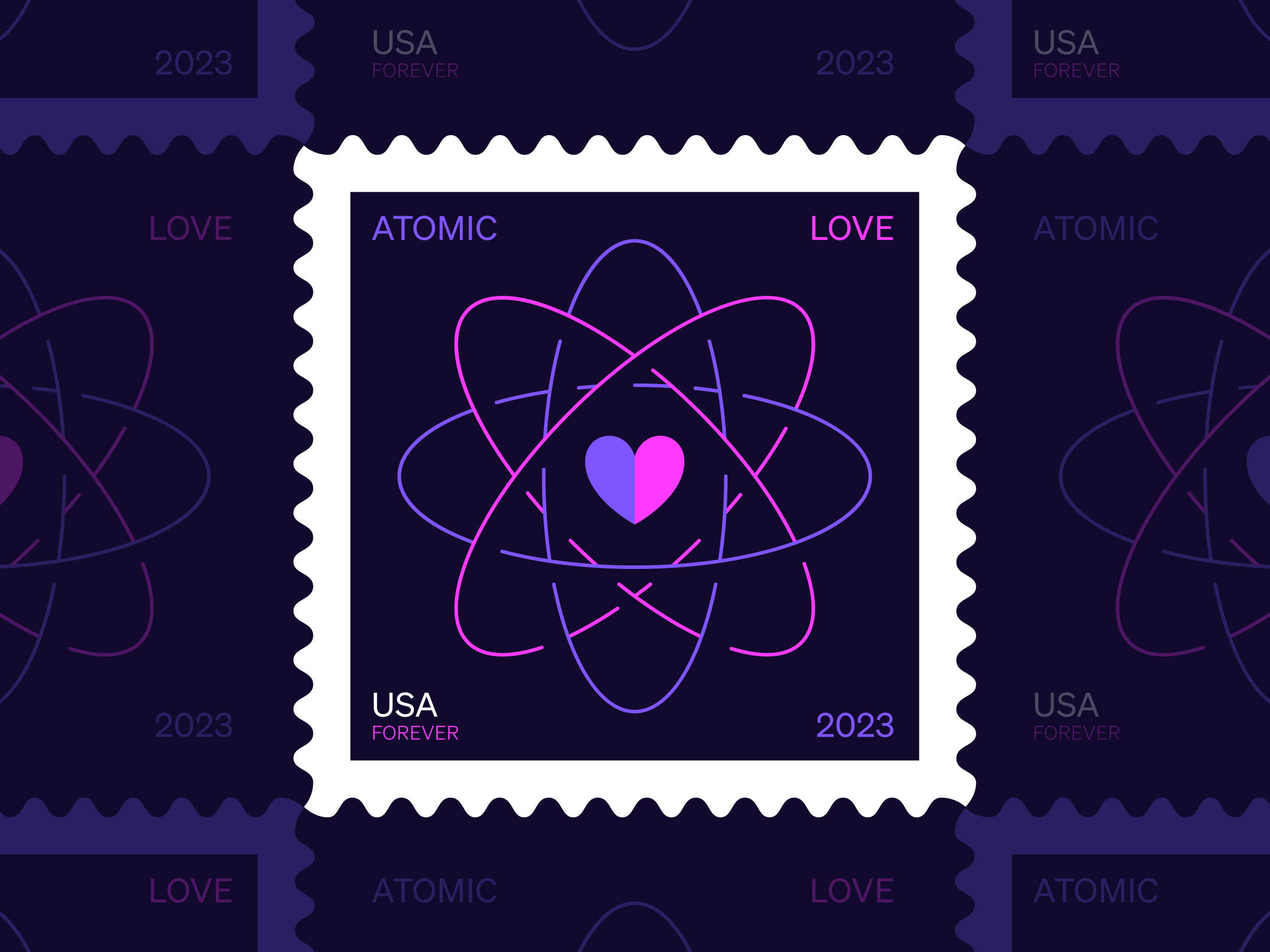 Atomic Love Stamp Design adobe illustrator atom atomic love electron heart icon icon design iconography illustration illustrator love postage stamp postal service stamp stamp art stamp design stamps usps valentines day vector