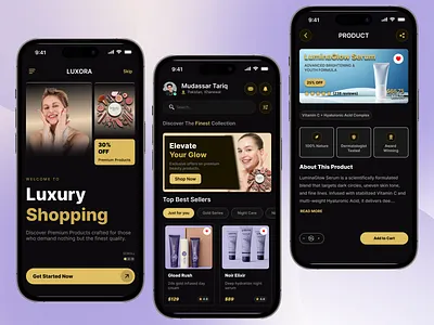 Luxora – Premium Skincare & Beauty Mobile App UI appdesign beautyapp behance cosmeticshop darkmode dribbble ecommerceui graphicdesign interfacedesign iosdesign luxurydesign minimalistui mobileapp productdesign skincareapp uidesign uiux userexperience uxdesign visualdesign