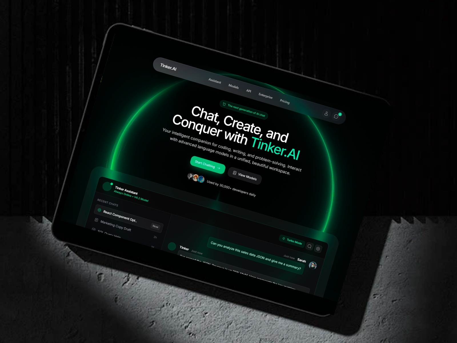 TINKER.AI — Developer Tools & Tech Product Landing Page ai website artificial intelligence clean layout dark theme dark ui dashboard ui futuristic glassmorphism gradient hero section landing page minimal modern design neon glow product showcase saas startup website tech website ui inspiration web design