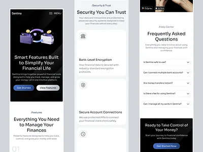 Sentina — Fintech Feature Page Responsive Web Design branding clean design design finance fintech ios landing page mobile design online payment personal financial saas typography ui uidesign uiux ux uxdesign web design web ui website