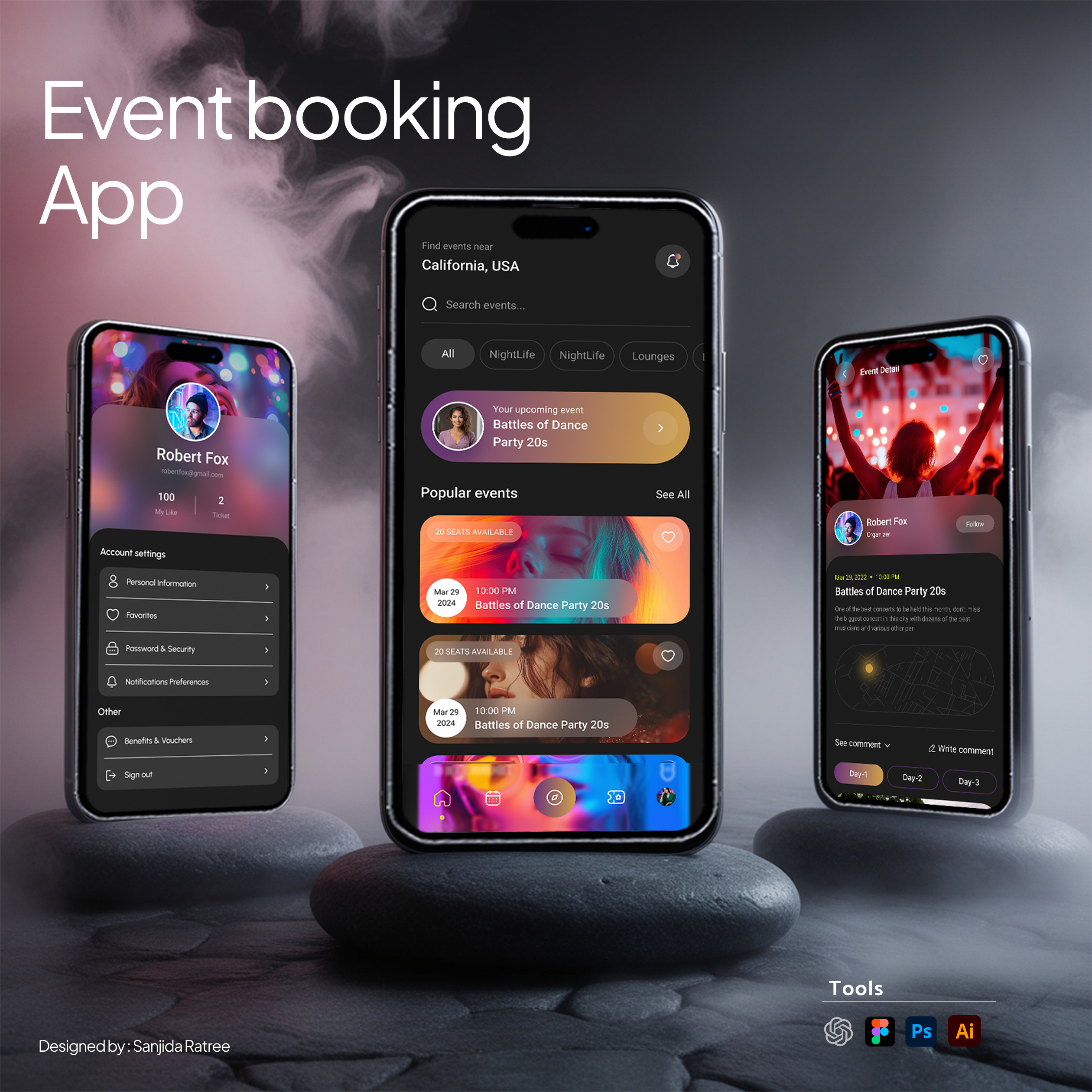 Event Booking & Management Mobile App app booking dark themed event event booking app figma glass morphism mobile mobile application modern ui nightlife photoshop ticket system ui
