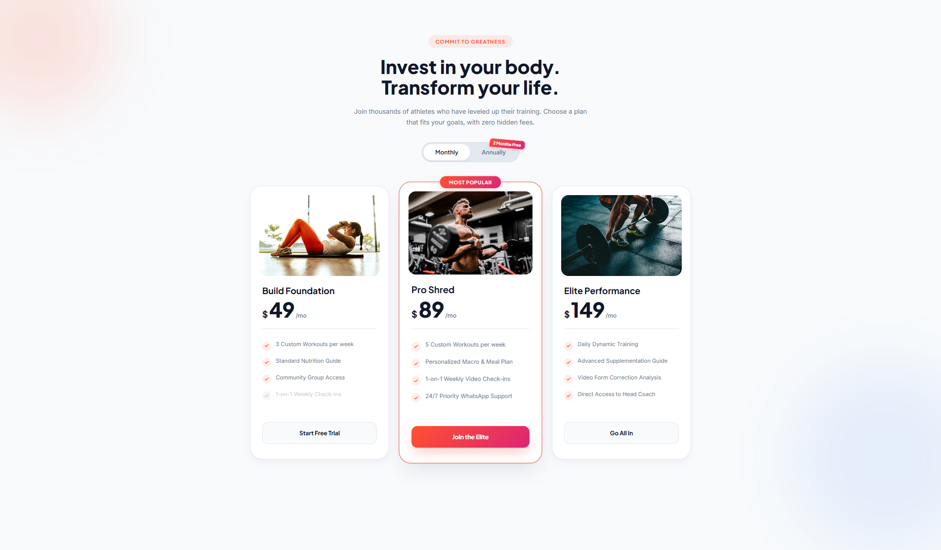Multi-Tier Pricing Plans Section UI - Fitness Coaching conversion optimization custom workouts elementor specialist fitness branding fitness plans head coach access landing page lead generation macro tracking membership site premium web design pricing strategy pricing table ui responsive design subscription section ux design video form analysis web design wordpress development wordpress expert