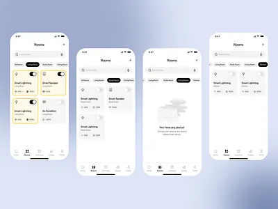 Rooms Control-Home Pilot App clean cleandesign controlpannel graphic design hometab modernapp newapp roomscontrol search tabbar uidesign