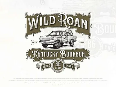 Wild Roan Kentucky Bourbon alcohol artisan bourbon bourbon label branding brewing craft distillery drawing ford logo illustration kentucky label label design logo truck truck logo vintage whiskey whiskey label