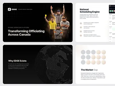 Referee Platform Overview | Scheduling, Market Positioning basketball federation software competition scheduling dark theme branding federation operations game conflict detection multi panel layout national scheduling engine officiating management product narrative referee assignment tool referee scheduling system sports market gap sports operations platform sports saas design sports tech pitch