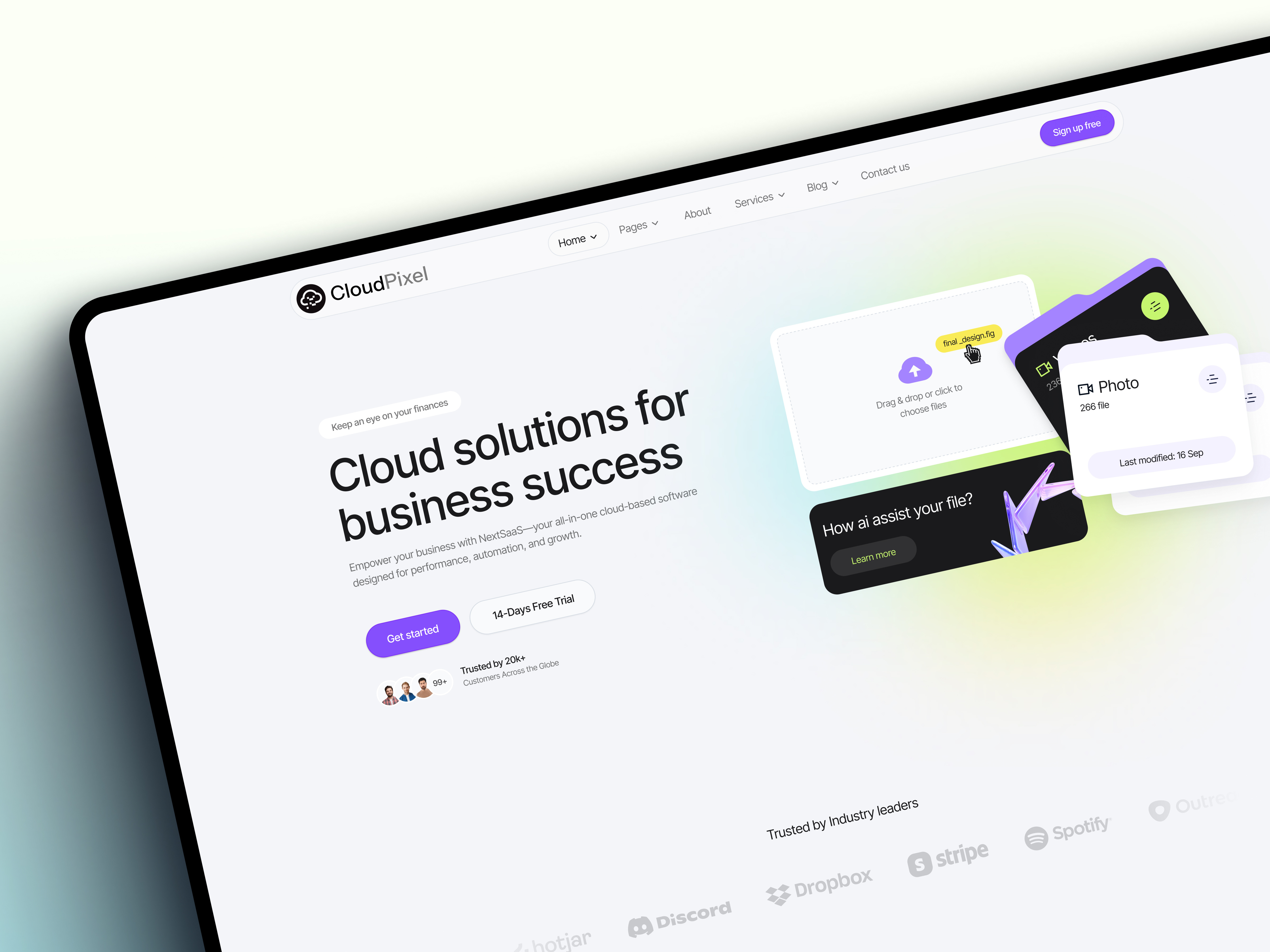 CloudPixel — Cloud SaaS Landing Page Design appdesign cleandesign cloudsoftware dashboard figma graphicdesign interfacedesign landingpage minimalistdesign modernui saas startup uidesign userexperience userinterface uxdesign visualdesign webdesign webdevelopment