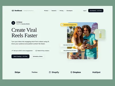 AI Reel Generator SaaS Landing Page Design | Viral Reels Creator ai content generator ai landing page ai product design figma web design hero section design marketing website design modern website ui product design reel generator saas landing page saas ui startup website design ui design inspiration ui ux design web design inspiration