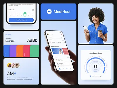 MediNest – Healthcare App Branding & UI app design brand identity branding figma health app healthcare medical minimal mobile mobile app modern ui startup trending ui kit uxui