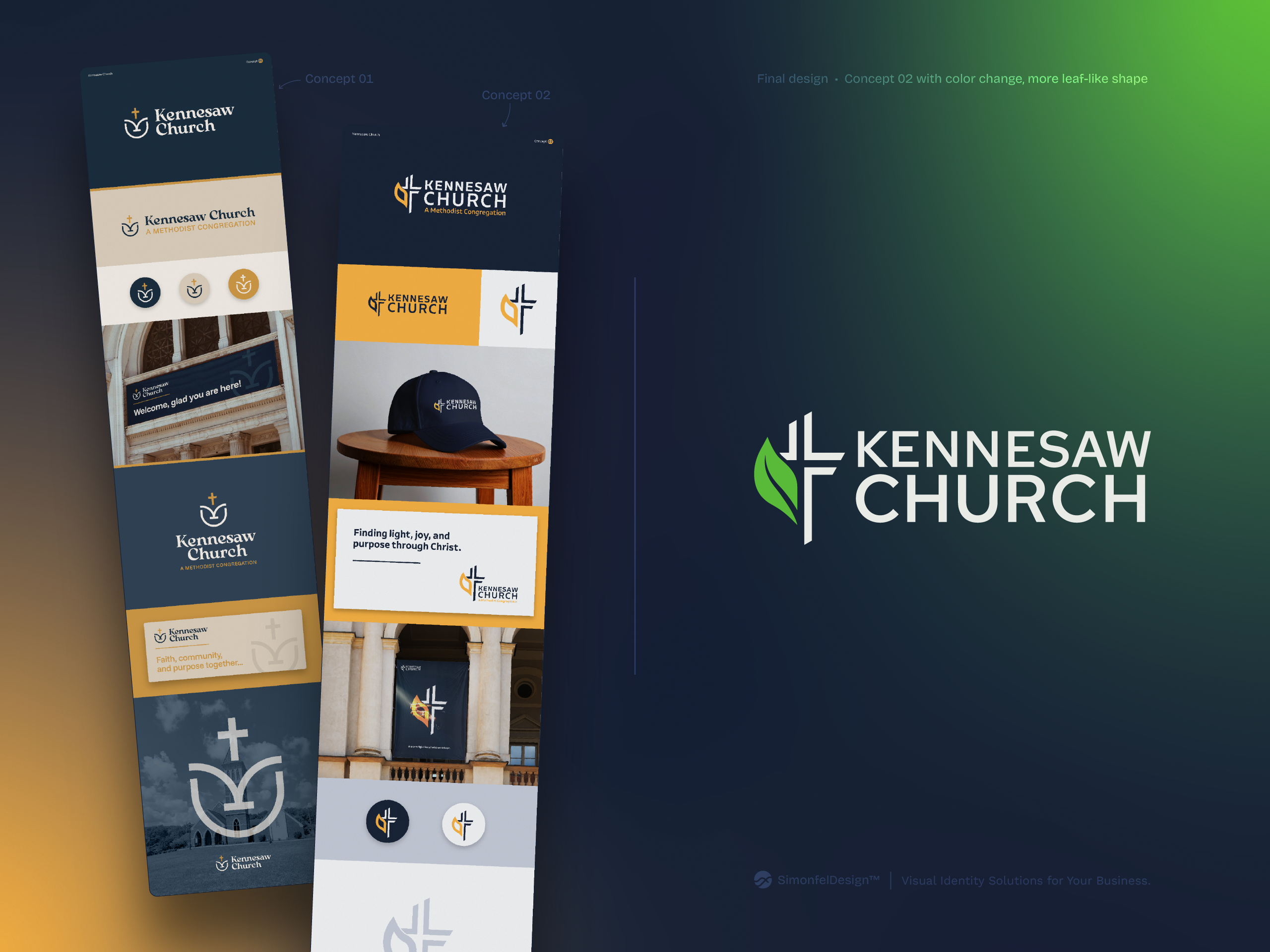 Two Concepts for Kennesaw Church banner brand concepts brand mockups branding christian church concept cross holy icon jesus christ leaf leaves logo methodist modern church poster presentation religion spirit