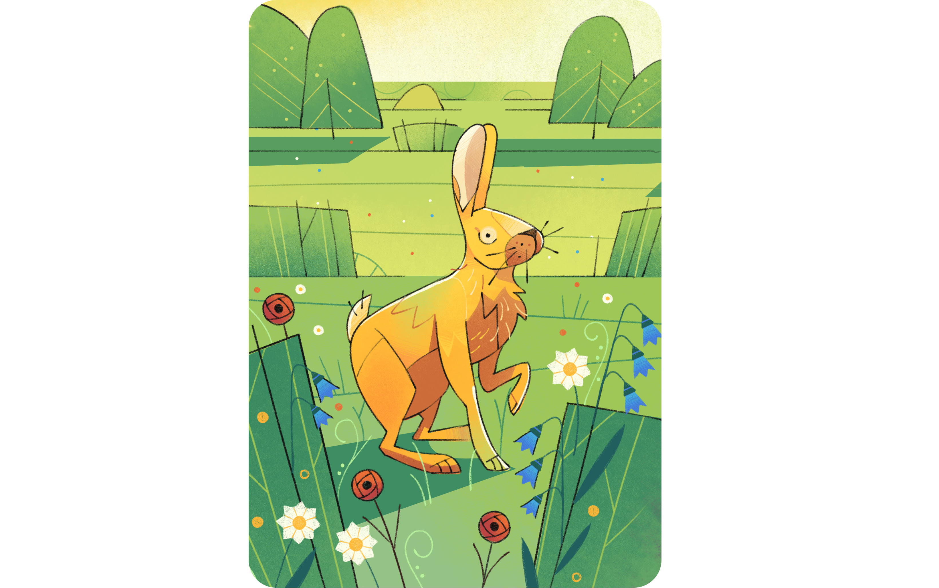 Rabbit 2d illustration animal book illustration card design character design field flowers forest forest animal illustration kids illustration landscape rabbit spring spring flowers wiedlife