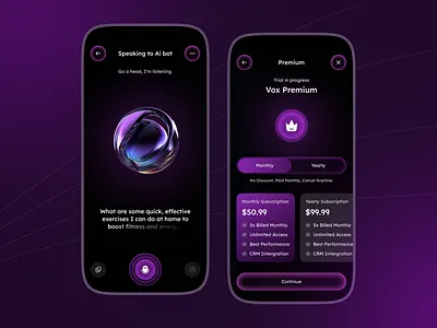 Vox AI Voice Assistant App – Dark UI Interaction ai assistant app ai chat ui ai voice recognition app app design artificial intelligence australia tech canada ai startup darkmode figmadesign germany tech company iosdesign mobile app design uk saas usa startup voice voice ai app voice assistain voice assistain app ui voice assistant app
