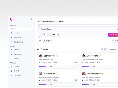 Search creators ai b2c creator influencer interface pink purple search