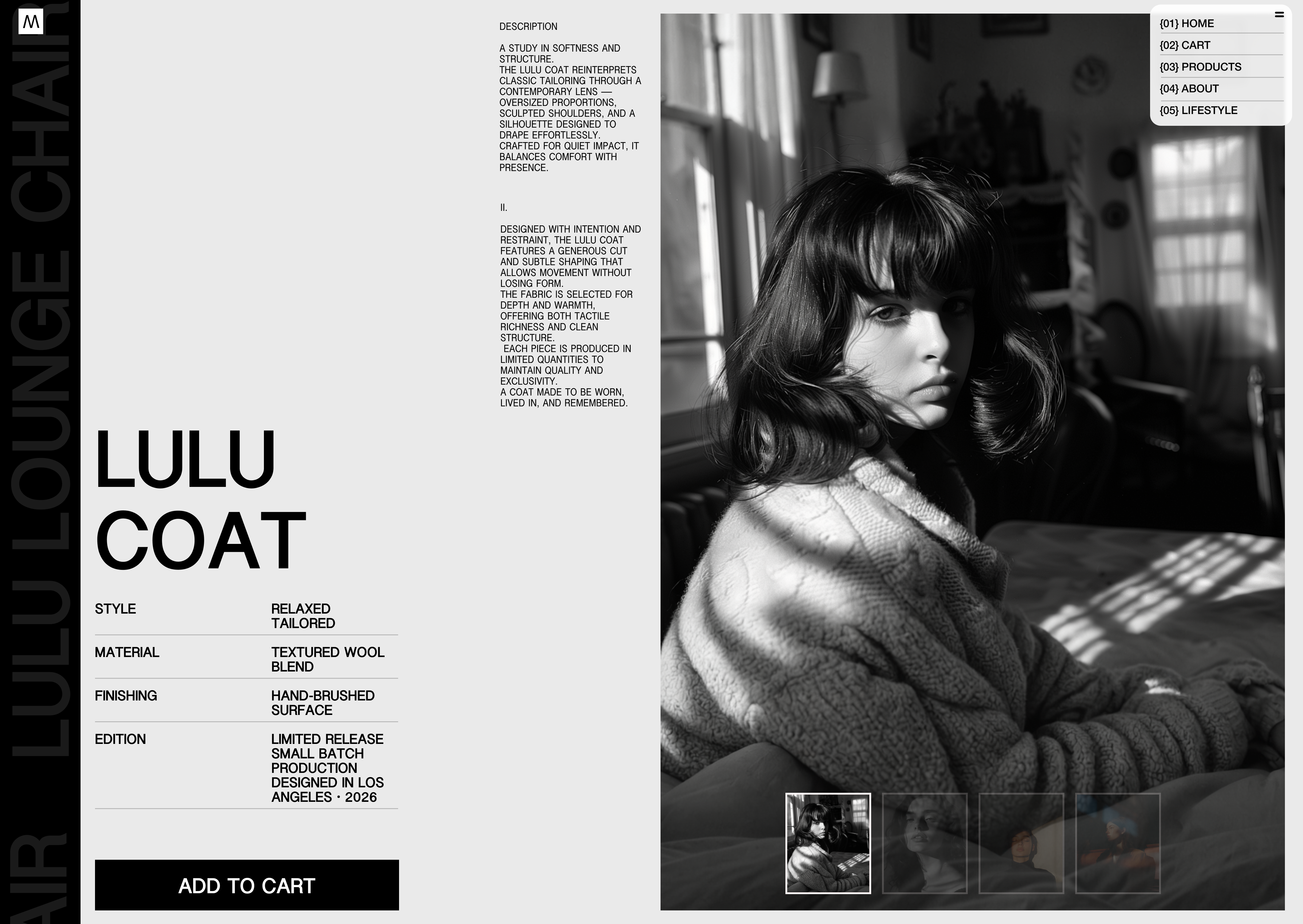 Editorial Product Page · Swiss Grid · E-commerce black and white ui brutalist ui clean layout editorial layout editorial typography fashion branding fashion ecommerce grid system high fashion ui luxury fashion web minimal fashion monochrome design oversized typography product page design sans serif design swiss typography typographic hierarchy ui design web design website design