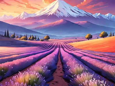 Lavender Fields flowers illustration landscape lavender fields mountains orange purple scenery scenic sky snow trees