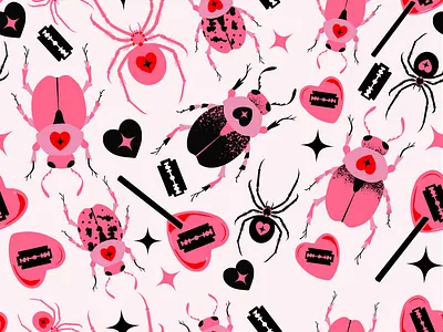 Vector Beetle Pattern 🐞 apparel design beetle fabric pattern fashion print flat design graphic illustration illustration insect pattern pink surface pattern textile design vector web illustration