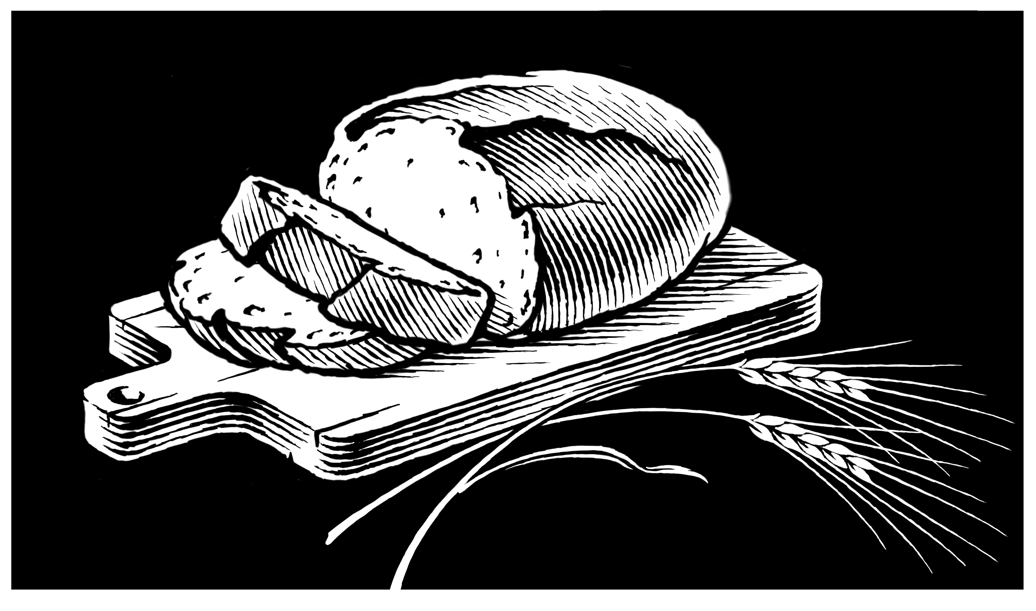 A Loaf of Bread on a Board for a Bakery classic hand drawn illustration pen and ink vintage woodcut
