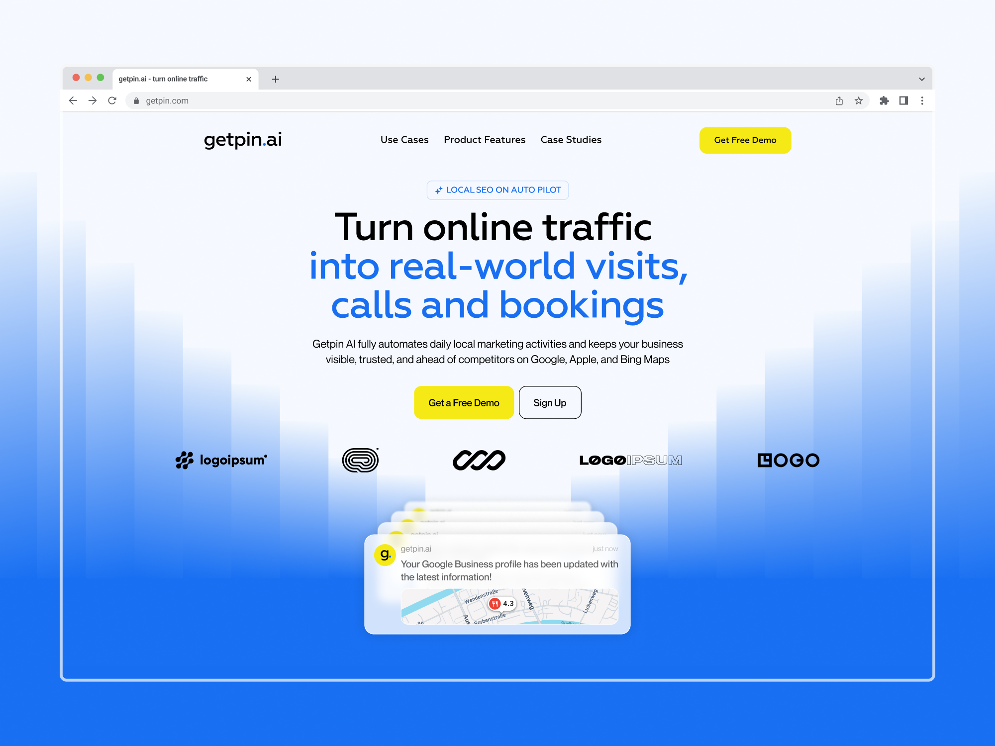 Getpin | AI-Powered Local Marketing B2B SaaS Website ai b2b figma framer landing page redesign responsive design saas startup ui ux webdesign webflow website website design wordpress