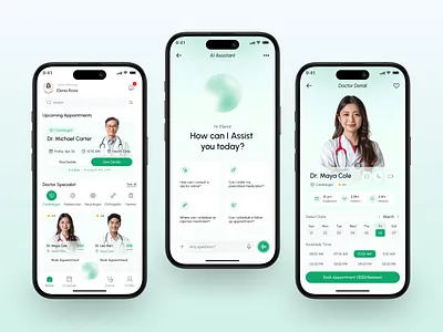 MedCare — Doctor Appointment App aiassistant appdesign clean design doctorappointment figmadesign healthcareapp healthtech interface medicalapp mobile mobileappdesign modernui ui uidesign uiinspiration uxdesign