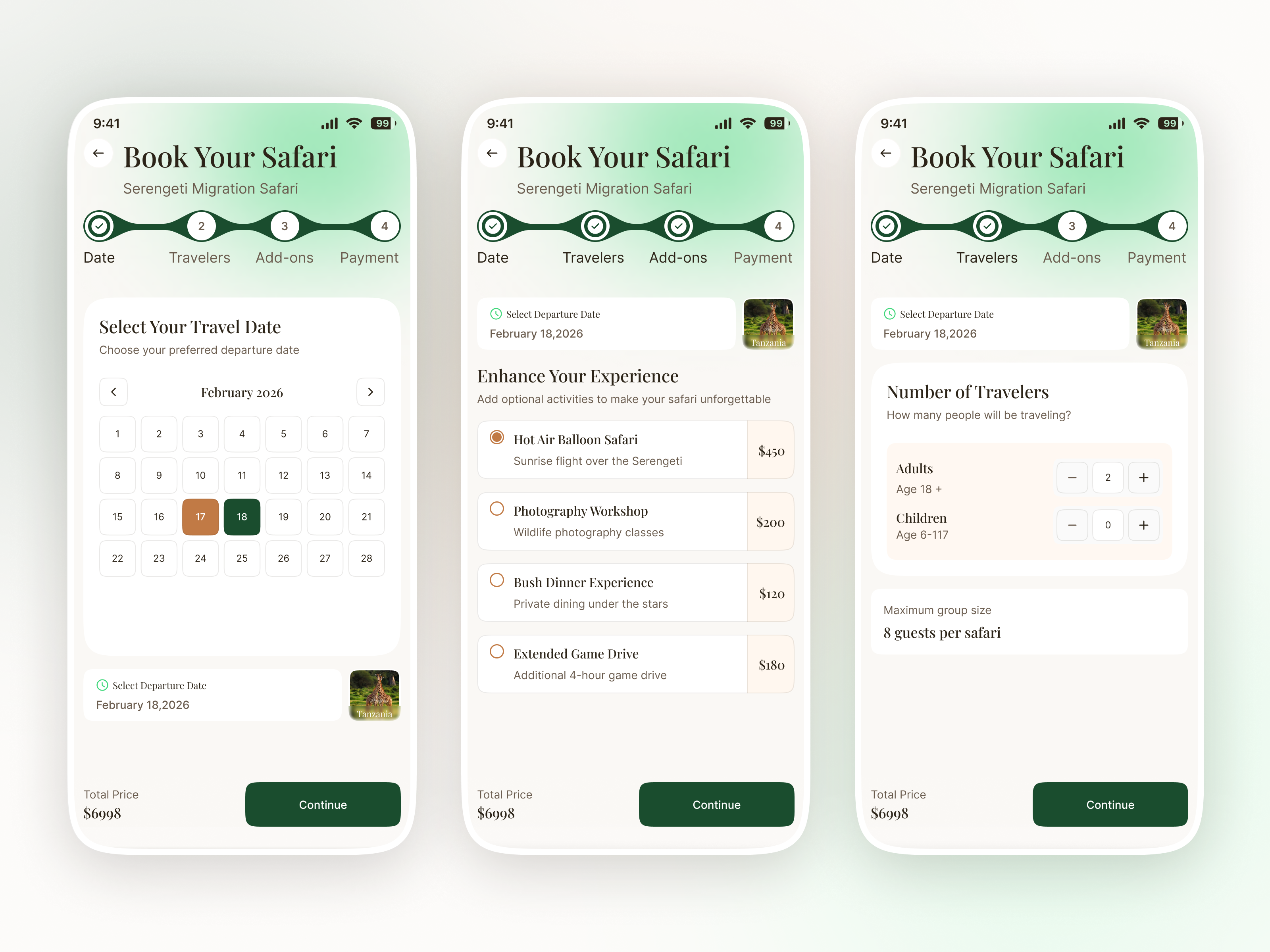 Premium Safari Booking Platform Mobile Apps add ons app design app inspiration booking app design inspiration digital product design interface design luxury travel minimal ui mobile app design mobile ui modern ui payment product design safari booking tourism app travel app travel booking travel ux ux ui