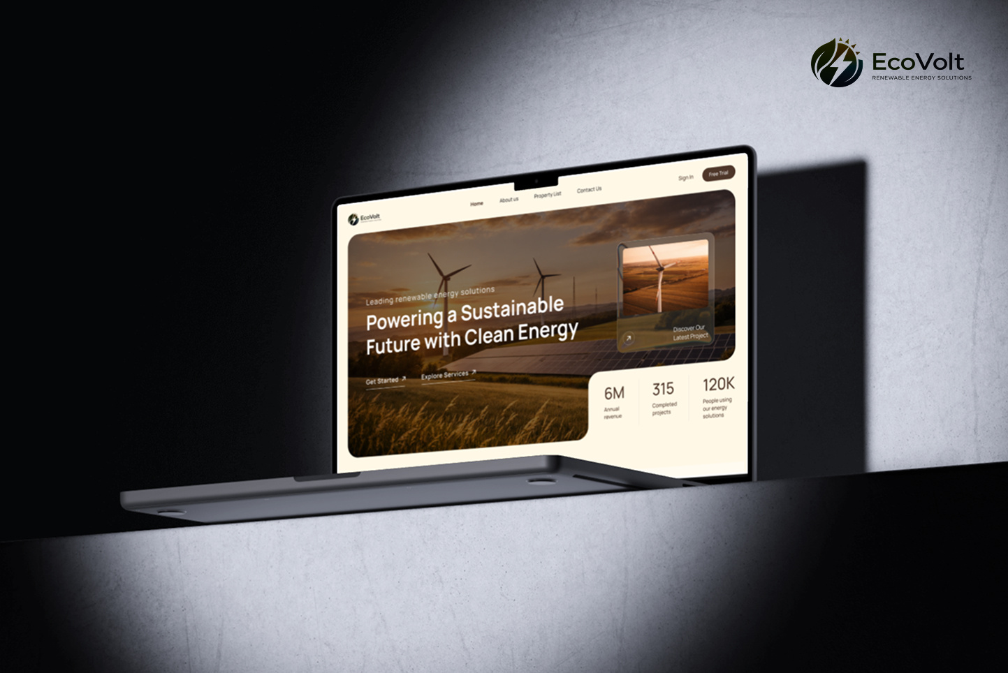 EcoVolt - Landing page for a renewable energy company branding landing logo ui