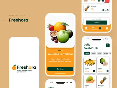 Freshora – Fresh Fruit Delivery Mobile App UI appdesign dribble ecommerce figma foodapp graphic design groceryapp mobileapp mobileui productdesign uiux design