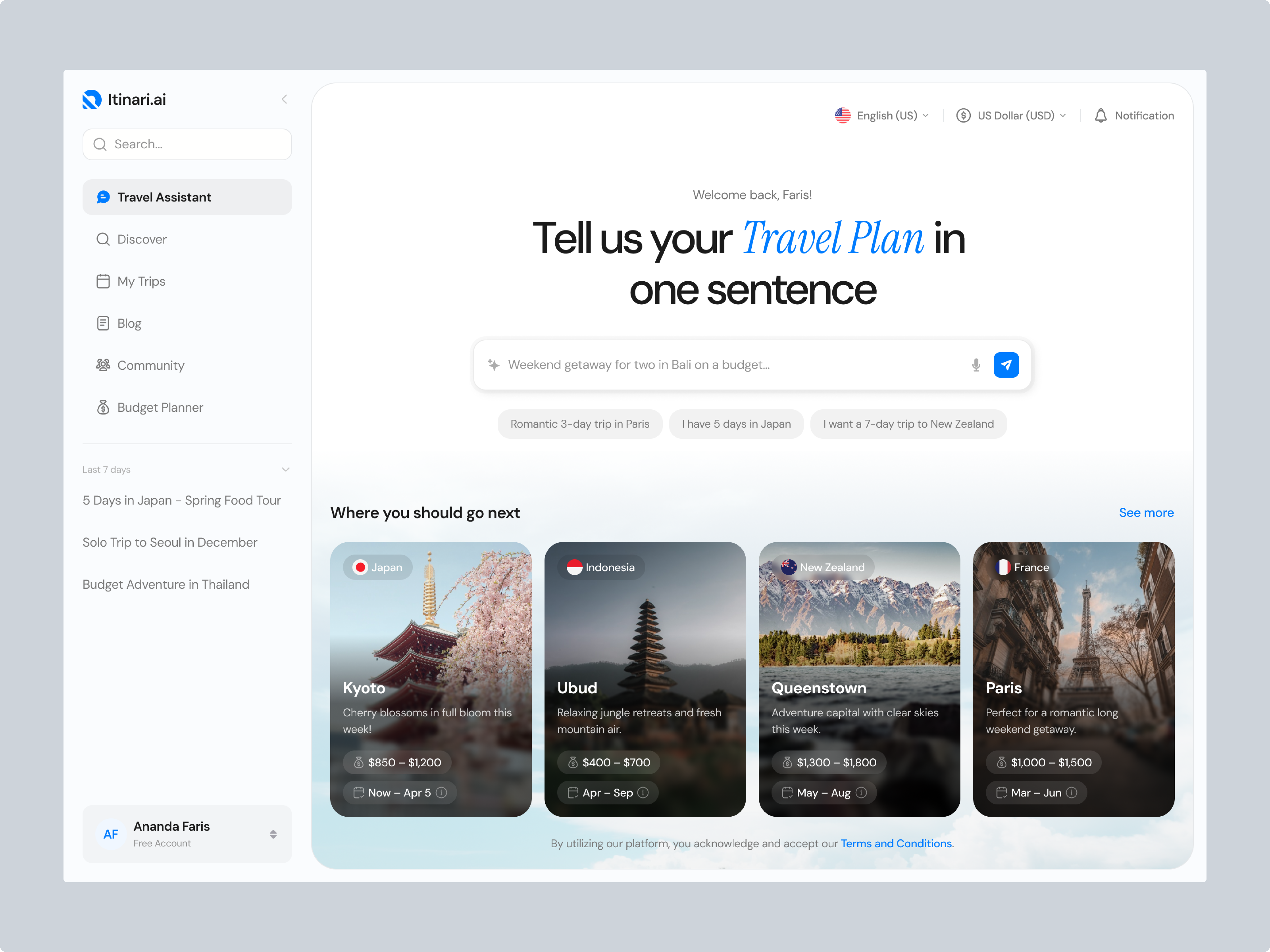 AI Travel Planner Dashboard ai ai assistant ai planner ai travel ai travel planner assistant chatgpt dashboard design destination itinerary minimal modern planner travel traveler ui ui design ux design website