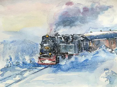 Steam engine chugs through snowy landscape Watercolor chugs cold dark engine landscape locomotive old rail railroad railway retro snow snowflakes snowy steam train transportation travel vintage winter
